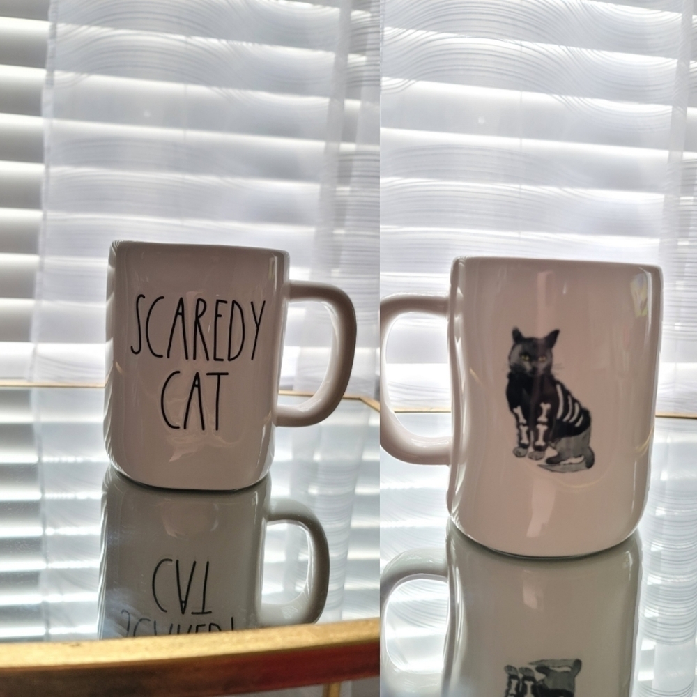 Scaredy Cat White Ceramic Mug with Cat Illustration